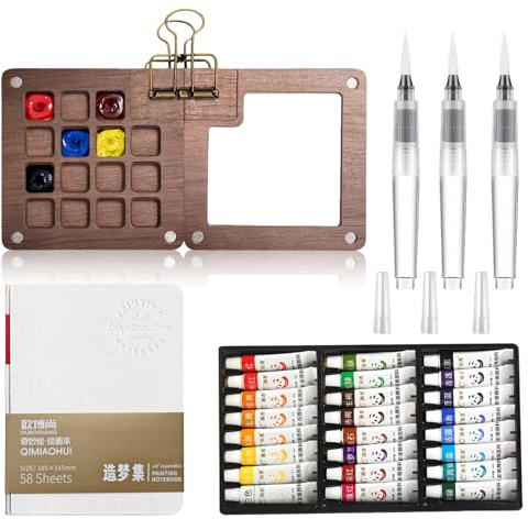Mini Aquarell Set 15 Fächern Pocket Aquarell Set Reiseset für Wasserfarben | Enthält 1 Zeichenbuch, 3 Aquarellpinsel, 24 Kleine Aquarellfarben und, 1 Metallclip und 1 Mini Palette für Ölfarben Skizzen
