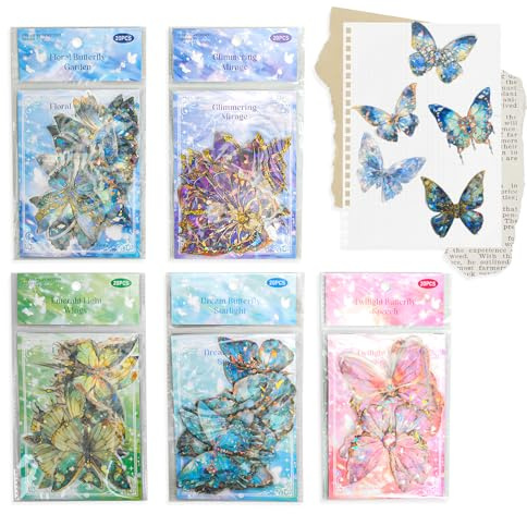100 Sticker Mädchen Schmetterling Deko Set Mit 5 Farben Glitzer Sticker, PET Holografisch Wasserdicht Für Scrapbooking Tagebuch