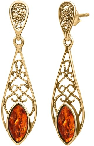 miyou - Ohrhänger Damen – 925er Sterling Silber Hängeohrringe mit natürlichem baltischem Bernstein – Zarte Steckverschluss-Ohrringe (Vergoldetes Sterling Silber, Cognac)