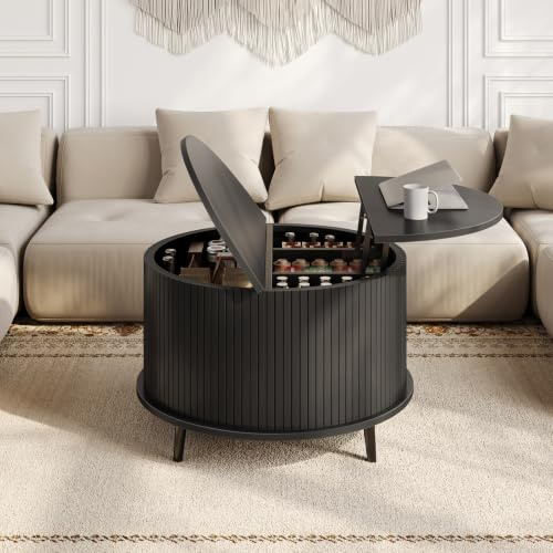 Yanosaku Couchtisch Rund Höhenverstellbar 80 cm – Versteckter Stauraum, Höhe Verstellbar 50-64 cm, Multifunktionaler Wohnzimmertisch, Schwarz