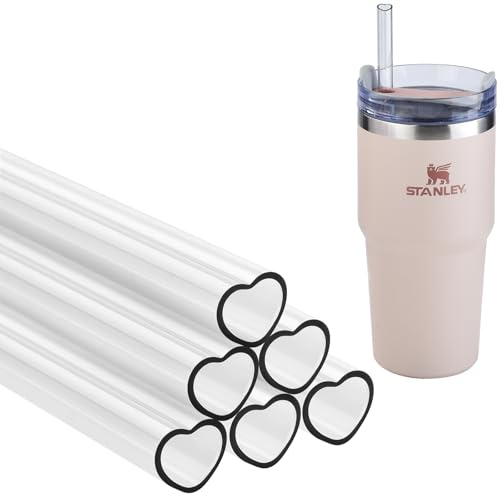 6 Pack Replacement Heart Plastic Straws with 2 Cleaning Brushes, Reusable Long Thick Transparent Straw for Stanley Tumblers Water Bottles Cup, Easy to Clean, Food Grade & BPA Free (20oz/14oz)