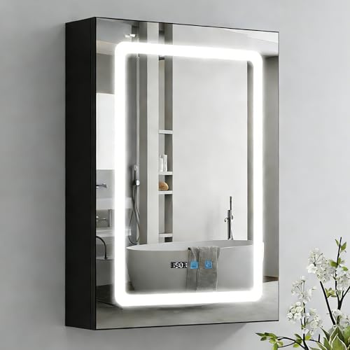 ARTETHYS Bathroom Mirror Cabinets, 70x50cm Bathroom Cabinet with LED Mirror | 3 Color Lights, Mirrored Wall Cabinet with USB and Type C Charging Ports, Adjustable Shelves, Black