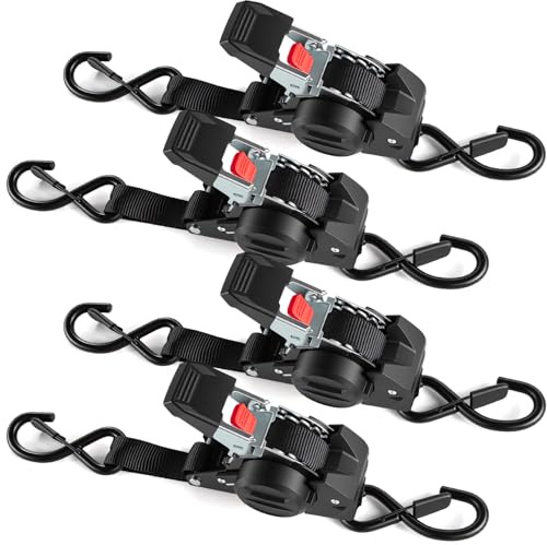 Cinghie a Cricchetto Autoavvolgenti 3m x 25mm | Set di 4 Pezzi con ganci a S, 750kg carico di rottura | Cinghie di fissaggion per moto, rimorchio, camion - Nero