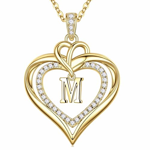 Turandoss Herz Kette Damen Halskette mit Buchstaben - 14K Gold Vergoldet Herz Buchstaben Kette mit Buchstaben A-Z CZ Halskette Damen Geburtstagsgeschenk für Frauen Freundin Mutter Schmuck