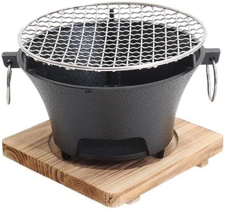yanwuwa Barbacoa japonesa de hierro forjado con base de madera flexible para barbacoa interior, compacta, transportable y eficiente, moda japonesa