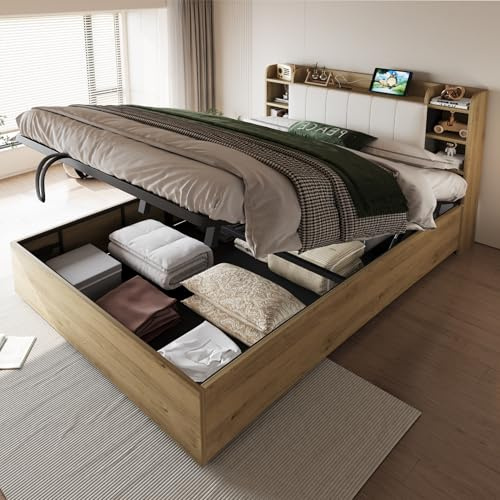 WIZBED Holzbett 180x200 mit Stauraum Kopfteil, Doppelbett mit USB-und Tape-C, Hydraulisches Bettgestell mit Lattenrost, ohne Matratze, Holzfarbe