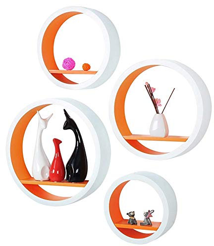 BAKAJI Set 4 Mensole da Parete Moderne Design Rotondo Mensola Scaffale 1 Ripiano in Legno MDF Colore Bianco Varie Dimensioni (Arancione)
