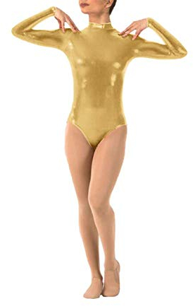 IWEMEK Damen Ballettanzug Glänzende Langarm Body Wetlook Danz Ballett Trikot Gymnastikanzug Turnanzug Metallic Einteiler Lack Leder Bodysuit Overall Leotard Top Kostüme Gold XL