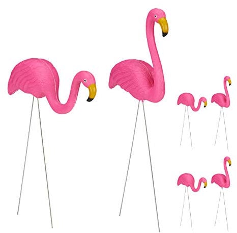 Relaxdays Fenicottero Decorativo, Set da 6, Arredo da Giardino, Fascino Tropicale, Plastica, Metallo, 2 Misure, Pink