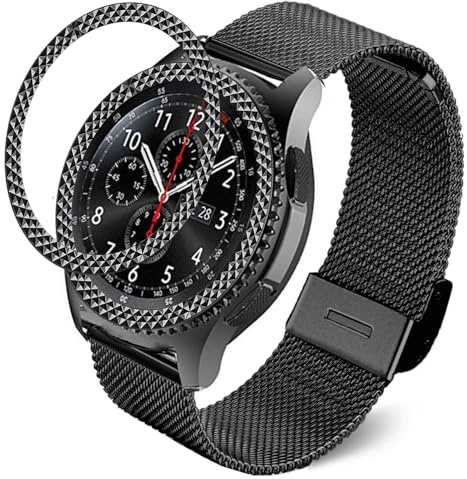 DEALELE Armband Kompatibel mit Samsung Gear S3 Frontier/Classic/Galaxy Watch 46mm, 22mm Edelstahl Mesh Uhrenarmband mit Metall Bezel Ring Schutzhülle Ersatz für Frauen Männer, Schwarz