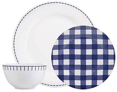 Rustic Cottage Navy, Winter Frost White 12 Piece Dinnerware Set, Service for 4, Fiesta Dinnerware, Plates and Bowls Sets, Home Trends and Home Food Network Essentials, Porcelain Dinner Plates