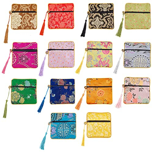 nbeads 14 Stück Schmuck Seidenbeutel, 14 Farben Chinesische Seidenbrokat Geldbörse Geschenkbeutel Geschenktüten Bestickte Tasche Bestickte Taschen Für Münzen Schmuckaufbewahrung, 11.5x11.5 cm