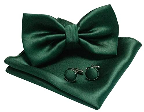 JEMYGINS Herren Fliege Dunkelgrün5 Satin Fliege und Einstecktuch mit Manschettenknöpfe Sets