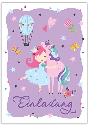 Junapack 12 Einladungskarten zum Kindergeburtstag Mädchen Ballerina mit Einhorn