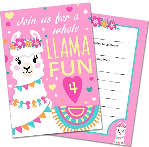 Olivia Samuel Einladungskarten zum 4. Geburtstag, Motiv: Lama, A6, doppelseitig, mit Umschlägen