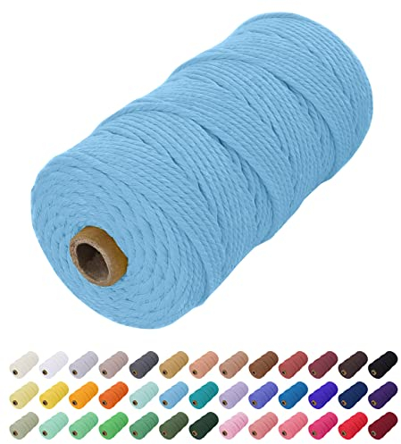 Uiopa Makramee Garn 2mm x 200m, Baumwollkordel Farbig Baumwollgarn Geflochten Baumwollseil, Natürliche Baumwollschnur für Wandbehang, Vorhang, Traumfänger, Hängepflanze, Deko (Himmelblau)