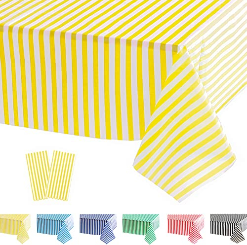 POPOYU 2 Pièces Nappes Jetables Rectangulaire, Nappe Anniversaire Nappes à Rayures Jaune et Blanches, 137x274cm Nappe Jetable Plastique Fete pour Picnic,Exterieur,Jardin,Automne,Noël,Mariage,Halloween