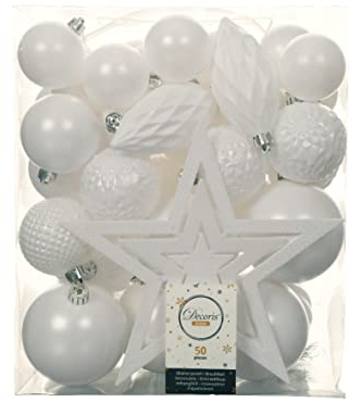 Kaemingk Weihnachtskugeln Kunststoff 5-8cm mit Christbaumspitze Stern 50er Set bruchsicher weiß Winterweiß