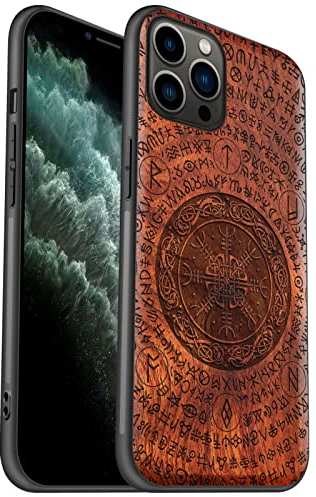 Carveit Handyhülle für iPhone 11 Pro Case [Holz und TPU Silikon Hybrid hülle] Stoßfeste Stoßstange handyhulle Kompatibel mit 11 Pro Massivholz Cover（Rosig-Das Vegvissir von Viking）
