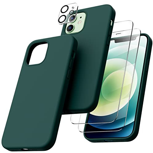 ORNARTO Compatible with iPhone 12 Case, iPhone 12 Pro Case, with 2 x Screen Protector + 2 x Camera Lens Protector, Slim Liquid Silicone 3 Layers Full Covered Soft Gel Rubber Case Cover-Olive Green