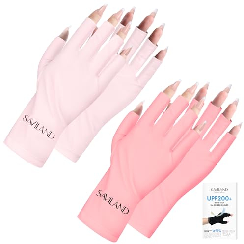 Saviland Anti U V Gloves for Nails - 2 Pairs UPF200+ High-tech UV Gloves for Gel Nails, Professional UV Protection Gloves for Gel Manicures Fingerless Gloves Hand and Skin Protector (Pinks/Light Pink)
