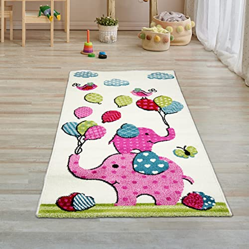 Kinderzimmer-Teppich mit süßen Elefanten & Luftballons | in Creme rosa, 80x150 cm