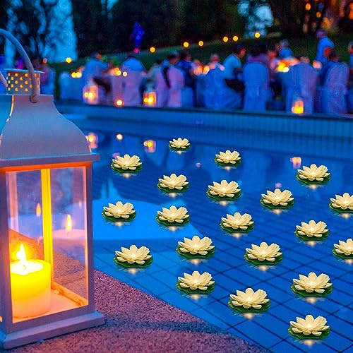 Liliful 36 Stück schwimmende Lotus-LED-Leuchten, 10 cm, weiß | Künstliche Lilien-Pads, batteriebetriebene Laternen, wasserdichte Blumen, Kerzen, Dekorationen für Pool, Teich, Gartenparty