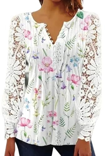 BISKAMY Tops for Women UK Elegant Ladies Tops Lace Patchwork Shirts Long Sleeve V Neck Blouse Plus Size Casual Loose T-Shirt, Pink Flower Large