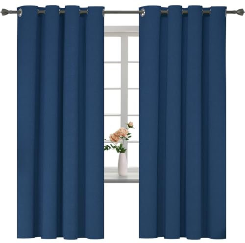 YSTELLAA 100% Gardinen Blickdicht 2er Set, 140×160cm,Thermovorhang Leinenoptik Kälteschutz, Schallschutz Gardinen Mit Ösen, Verdunklungsvorhänge Wohnzimmer, Schlafzimmer, Blau