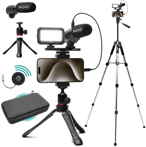 Movo iPhone 15 Vlogging Kit - USB-C Compatible - Accessories: Tripod, Phone Mount, LED Light, Shotgun Mic - YouTube Starter Kit