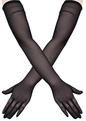 SAVOSWEET Damen Tüll Handschuhe Schwarze 67cm Lange Spitze Transparente Handschuhe Retro Ellbogenlänge Partyhandschuhe Damen Oper Halloween Teeparty Kostüm Zubehör