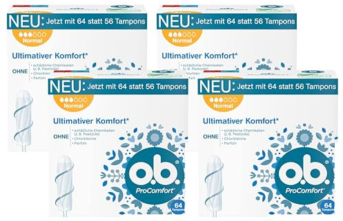 o.b. Tampon, ProComfort Normal, für mittlere bis stärkere Tage, ultimativer Komfort* und zuverlässiger Schutz, 64 Stück, Verpackung kann abweichen (Packung mit 4)