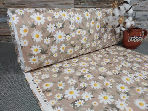 240cm Breit Meterware ab 50cm Popeline Baumwolle Stoff Baumwollstoff Kinderstoffe Stoffe Gänseblümchen Blumen Babystoffe Ranforce Bastelstoff ÖKO-TEX VP0B036 (Braun)