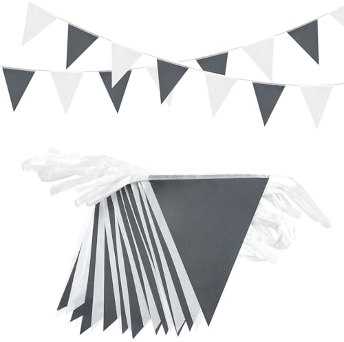 20M/66ft Grey White Bunting Banner, 52pcs Fabric Triangle Banners for Indoor Outdoor Birthday Baby Shower Wedding Garden Home Party Decorations
