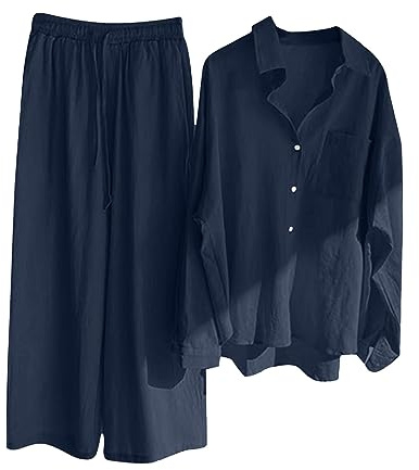 Musselin Bluse Damen Zweiteiler Baumwolle Leinen Set, Casual Loungewear, Knopfhemd Reverskragen Langarm, Sommer Outfits Kleidung, Einfarbig Hausanzug Für Frauen, Weites Bein Hose, Sale Angebote 2024