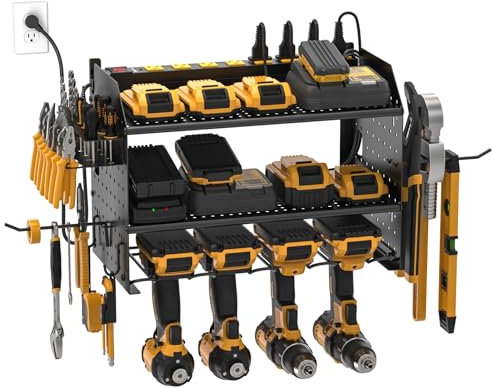 CRST Power Tool Organizer Wall Mount with Charging Station Cordless Drill Holder with 8-Outlet Heavy Duty Power Strip, Modular Garage Organization Storage Rack Shelf,Gift for Men Black