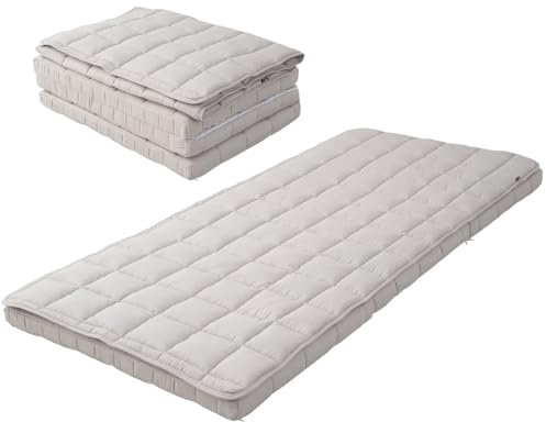 EMOOR Japanische Dreifach Gefaltete Futon-Matratze Machi mit Matratzenauflage 90 x 202 cm Grau, Zwickel Faltbar Verstaubar Waschbar Bodenschlaf-Gästebett Tatami-Matte