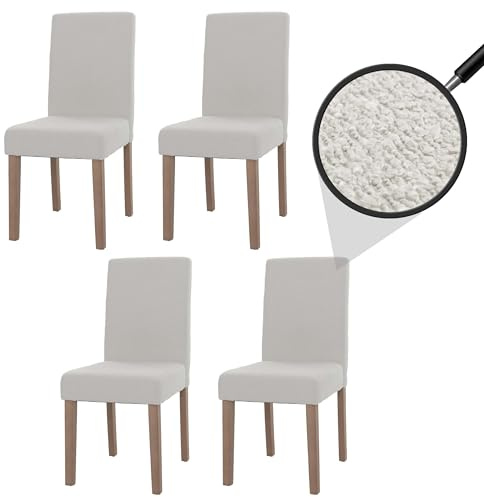 Mendler 4er-Set Esszimmerstuhl Littau, Stuhl Küchenstuhl Hochlehner, Stoff/Textil Bouclé Holz - Creme, naturfarbene Beine