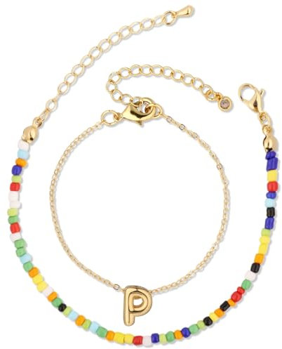 Mikovivi Pulsera con Letras de Burbujas de Cuentas de Colores, Pulsera con Letras Chapadas en Oro Pulseras con Iniciales en Capas para Mujeres Regalo de Joyería para Adolescentes (Letra P)