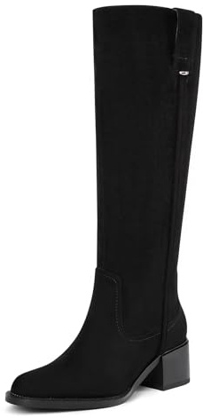 ITOZER Kniehohe Stiefel für Damen, breiter Absatz, runder Zehenbereich, Leder-Lackstiefel, niedriger Blockabsatz, hohe Stiefel mit seitlichem Reißverschluss