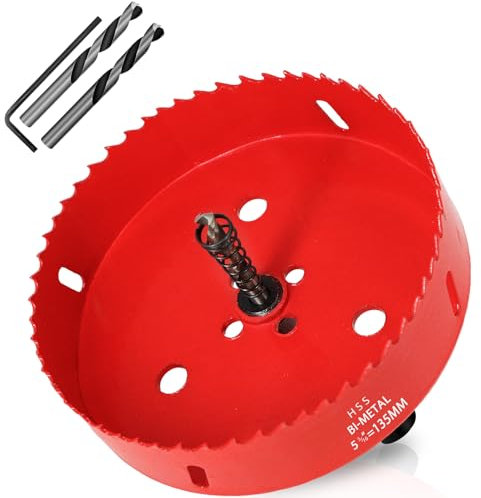 KACNON Seghe a Tazza Bi-Metallica 135 mm, M42 HSS Sega A Tazza Trapano, con Adattatore Esagonale e Punta di Centraggio, per Forare Plastica, PVC, Legno, Fibra di Legno, Metallo Dolce, Rosso