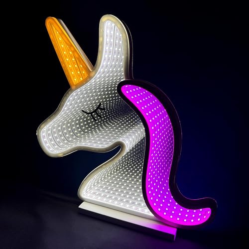 Elumina Decor - Unicorn Infinity Mirror Night Light - LED Unicorn Nightlight for Kids - USB-Powered with Dimmer Switch - Cute 3D LED Infinity Light - Bedroom Decor for Girls & Teen Girls - 13 x 13