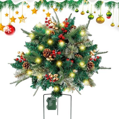 Lighted Artificial Christmas Urn Filler, Christmas Outdoor Pots Tree With Cones, Red Berries, Light Up Planter Filler Lighted, With 8 Lighting Modes, Christmas Urn Filler For Holiday Decor Home