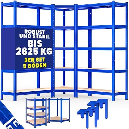 Monzana® Heavy Duty Corner Shelving Unit Set of 3 | 15 MDF Panels | Garage Basement Racking Storage | Workshop Shelves | 2x 180x90x40cm | 1x 180x70x40cm | 2625KG Load Capacity | Blue