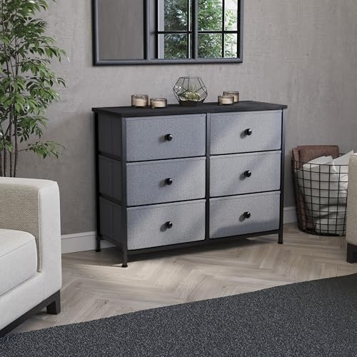 Vida Designs Chorley 6 Drawer Chest Of Drawers Fabric Storage Organizer Unit With Wood Top, Metal Frame & Handles - Ideal For Bedroom, Living Room, Nursery - Grey & Black (UKFR Certified)