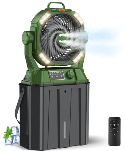 Ahoall Ventilateur brumisateur avec seau portable de 6 L pour terrasse extérieure, 20 000 mAh rechargeable pour camping avec lumière LED, 4 brumisateurs, télécommande verte