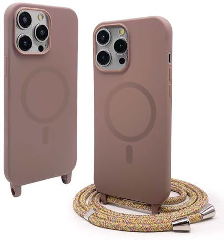 BGHHEU Silicone Coque Magnétique pour iPhone 12 Pro Max avec Cordon,Compatible avec MagSafe,Étui Housse Silicone avec Portable Lanyard Réglable, Brun