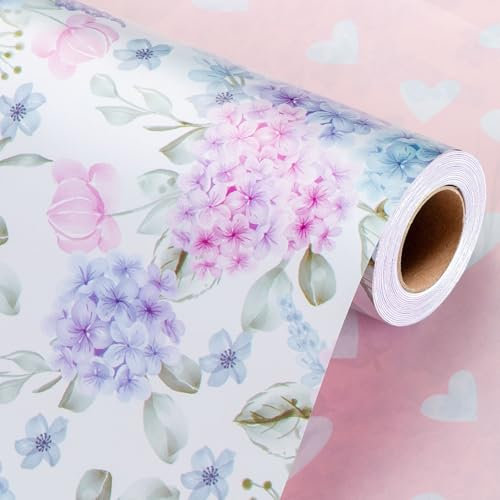 Wikadlik Carta da regalo floreale ortensia, 43 cm x 10 m, mini rotolo – acquerello rosa, viola, blu, fiore romantico motivo a cuore, per San Valentino, festa della mamma, matrimonio, compleanno
