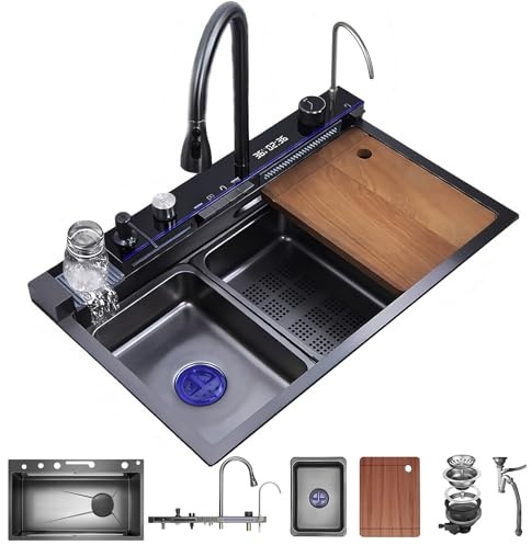 KOOGIMDDR Lavello Cucina in Acciaio Inox 68x46cm Multifunzione - Cascata lavandino Acqua, Rubinetto Estraibile, Tagliere Integrato, Dispenser Sapone, Sistema Drenaggio con Accessori per Incasso