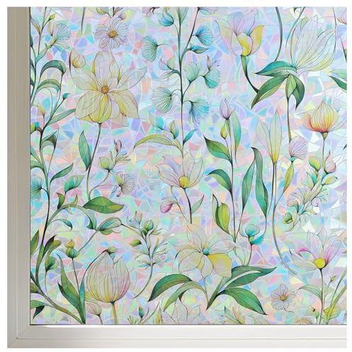 FINNEZ Fensterfolie - Selbstklebende Statische Haftfolie, Blickdichte Farbenfrohe Sichtschutzfolie, Folie Regenbogenoptik, Blumen Muster, Dekorationsfolie für Wohnzimmer Küche Büro, 90 x 200 cm